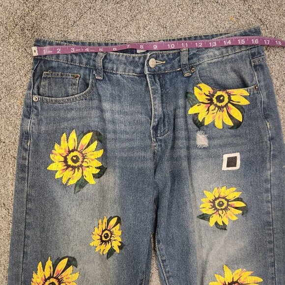 MISSLOOK Painted Sunflower Denim Ankle Boyfriend Jeans - Size M - Picture 5 of 6